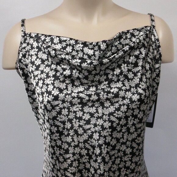 BEBE Satin Bias Cowl Neck Midi Dress Womens M Black White Silver Floral Slip NWT - Picture 4 of 14
